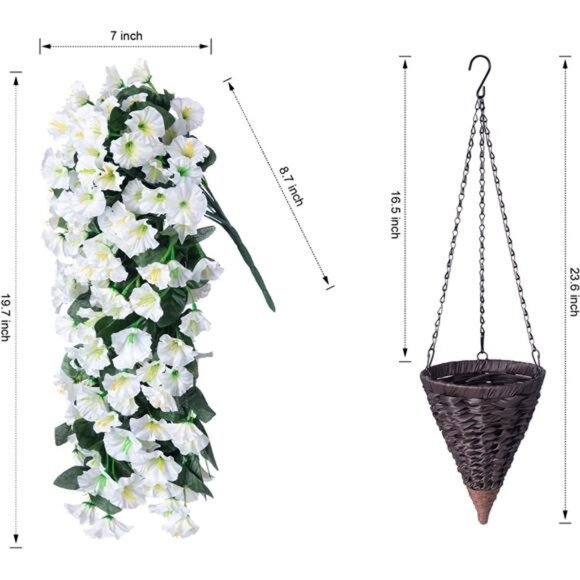 Artificial Faux Hanging White Flowers Plants Basket for Outdoor Outside - Picture 3 of 7